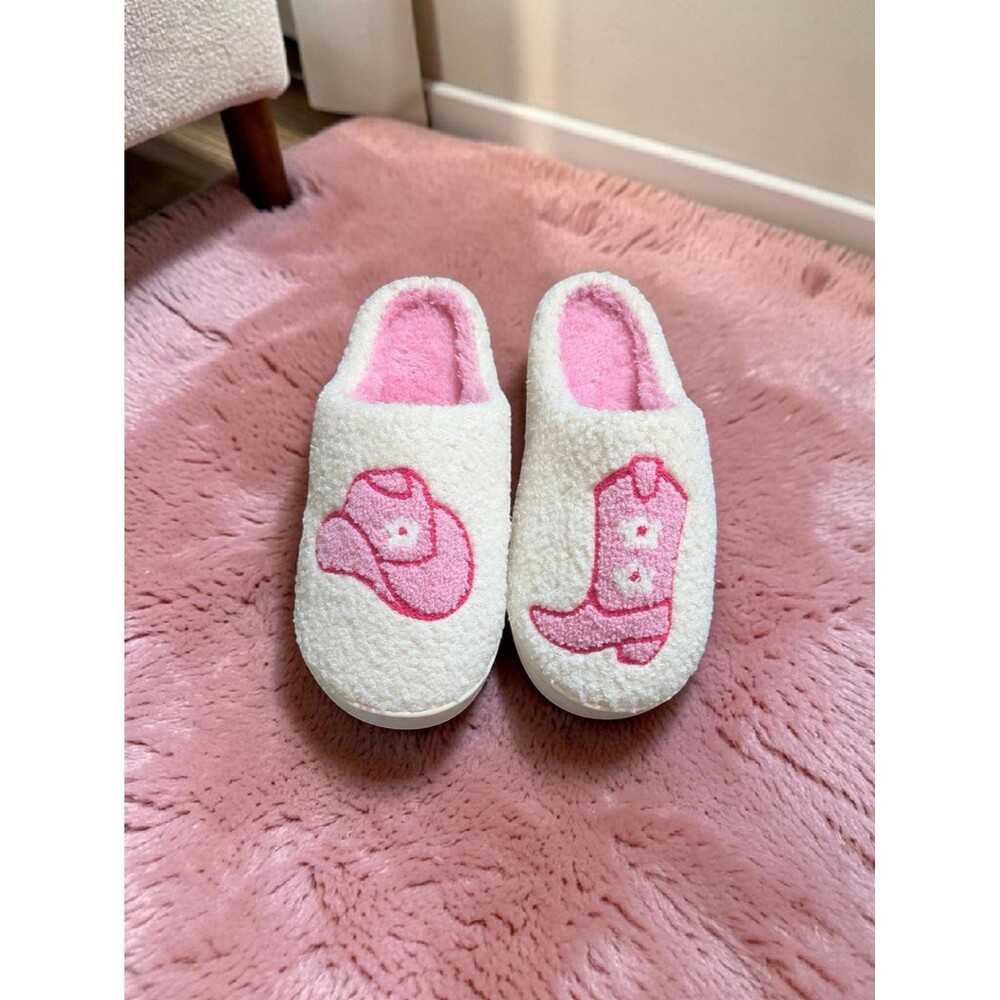 Pink Western Cowgirl Slippers Size 7/8, Cozy Sherpa House Shoes, Cottagecore